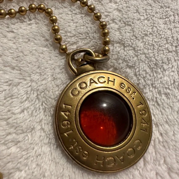 Coach Logo Pendant In Gold Tone with Amber Glass Center on Gold Tone Chain - Picture 3 of 16